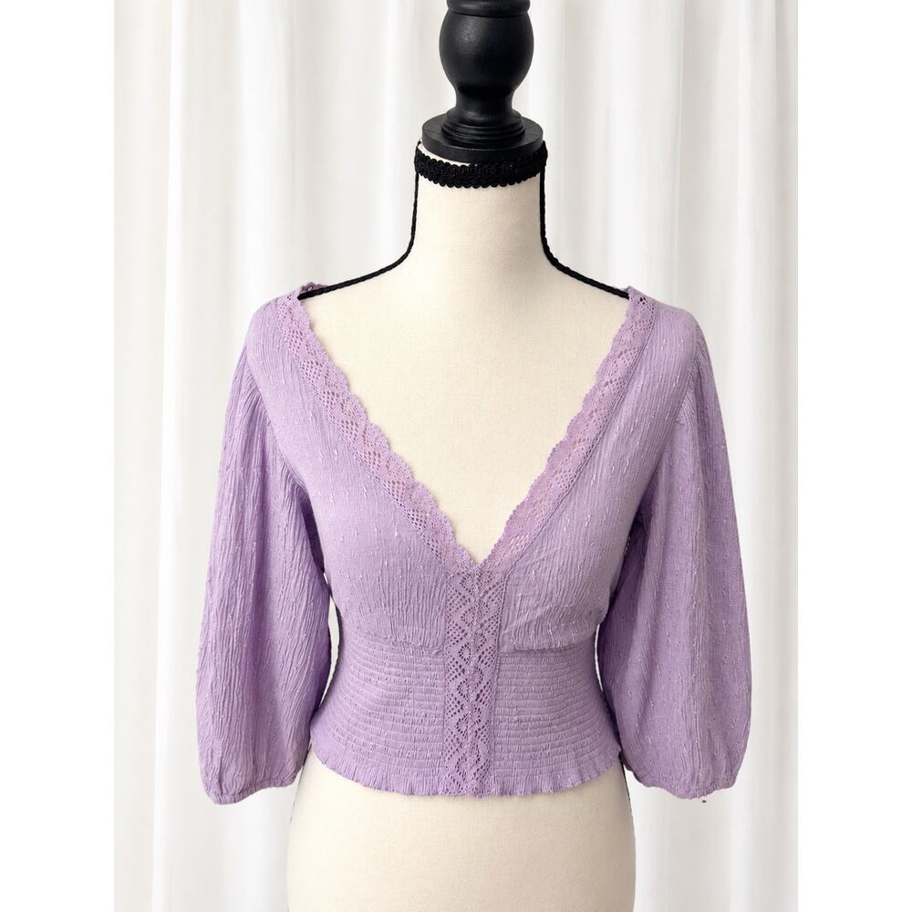 Urban Outfitters Ramsey Lace-Trim Blouse Lilac Smocked NWT Size S